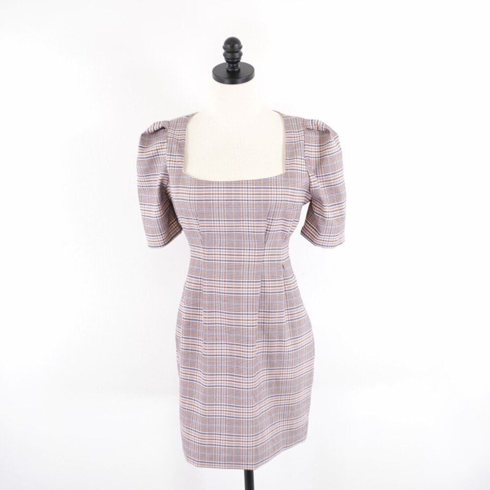 Forever 21 Glen Plaid Dress Medium‎ Boat Neck Tan Blue Pink Lined Puff Sleeve
